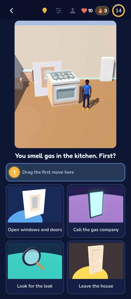 Een ronde: je ruikt gas in de keuken, met vier plaatjeskaarten om uit te kiezen